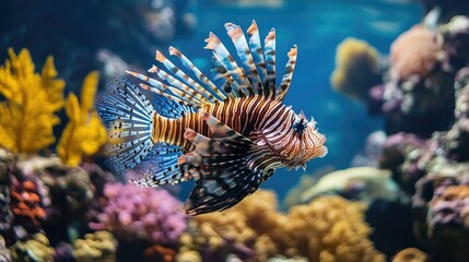 A lionfish swimming gracefully among corals, with its spines and stripes creating a striking visual