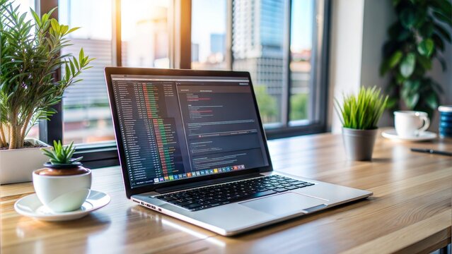 High-tech laptop displaying complex code snippets, web development tools, programmer’s workspace.