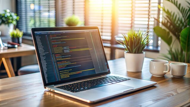 High-tech laptop displaying complex code snippets, web development tools, programmer’s workspace.