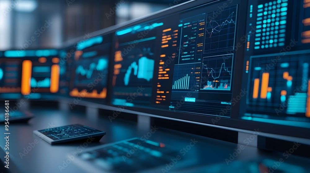 Poster data analytics monitors with charts and graphs