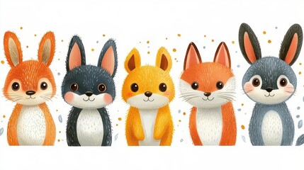 whimsical collection of adorable cartoon animal faces pastel color palette diverse species expressive eyes kawaii style playful arrangement on crisp white background