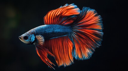 Fototapeta premium Close-up of a betta fish flaring its vibrant fins, displaying intricate patterns and bright colors