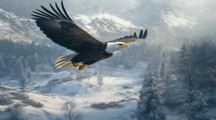 Bald eagle flying above a snowy landscape, showcasing its resilience and adaptability in harsh environments
