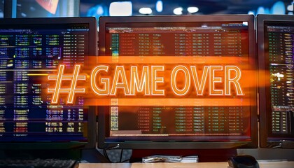 Game Over on Stock Market Screens - A dramatic image showing multiple stock market screens with the words '#Game Over' highlighted in bold orange, symbolizing financial crisis or market crash, wallpap