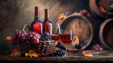 Fresh grape, grape wine bottle and glass in vintage wine cellar with wine barrels