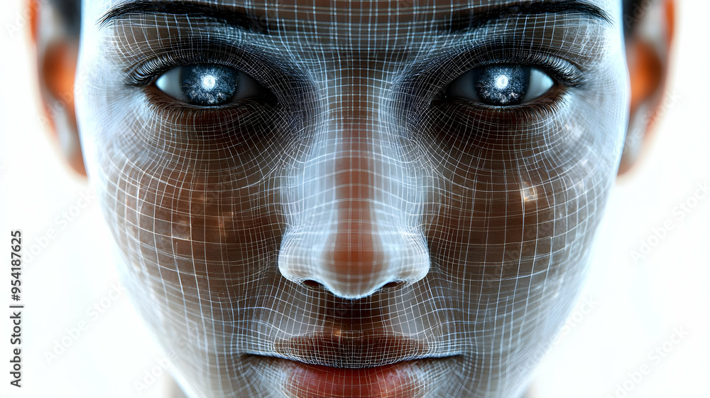 Poster close-up of a woman's face with a digital grid overlay, emphasizing the concept of artificial intell