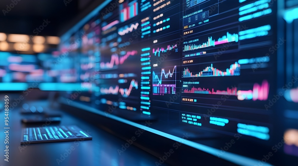 Poster financial data analysis on screen with keyboard