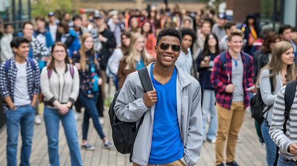Obraz premium Smiling young man in blue and grey walking with a crowd of students, capturing the energy and excitement of a new school year. 