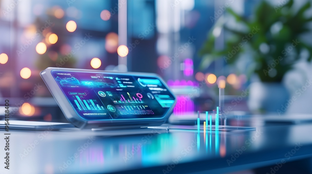 Poster futuristic business analytics dashboard with data visualization