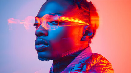 Close-up of a young man's face with glowing neon lights.