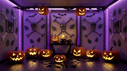 Spooky Halloween pumpkins and skulls in a dark room with purple lighting, perfect for creating a festive and eerie atmosphere. 
