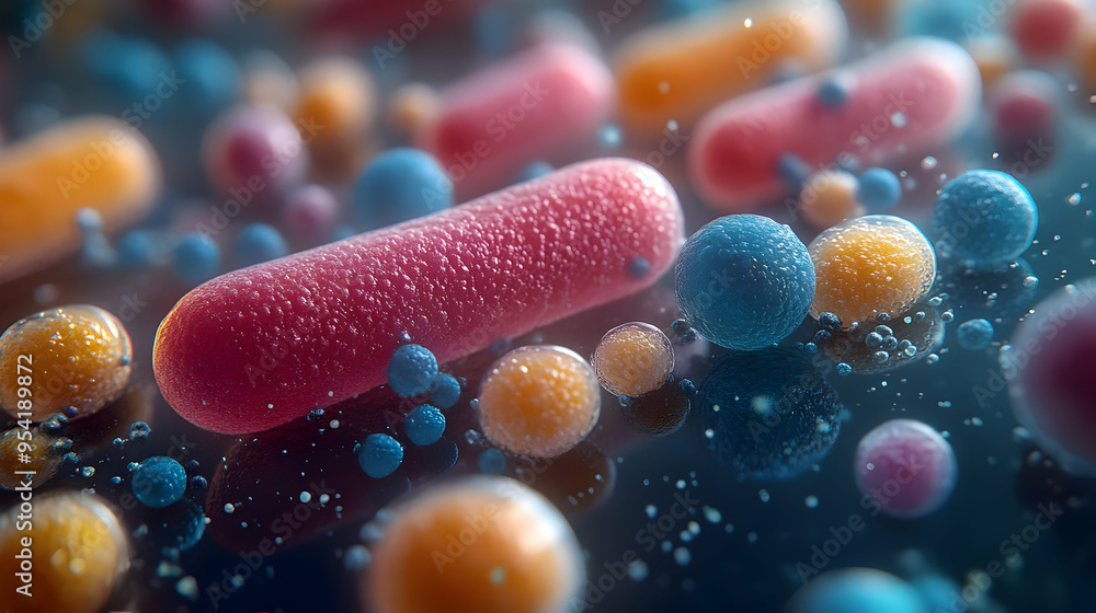 Aufkleber close-up of colorful micro-organisms with a single large red bacillus and several smaller blue and y
