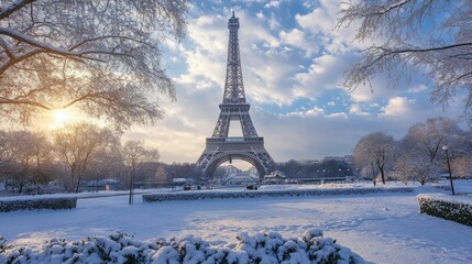 The Eiffel Tower in winter, with snow gently covering its structure and the surrounding park