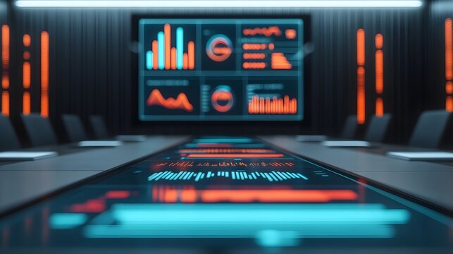 Futuristic Conference Table with Data Visualizations