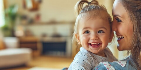 Obraz premium A close shot of a delighted mother holding her smiling toddler, showcasing an affectionate family bond at home.