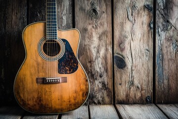 A rustic acoustic guitar with worn wood texture stands against a rough wooden wall, creating a vintage feel.