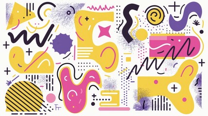 Fototapeta premium Abstract composition featuring vibrant shapes and patterns in pink, yellow, and purple.