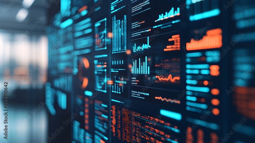Poster futuristic data display with blue and orange graphs