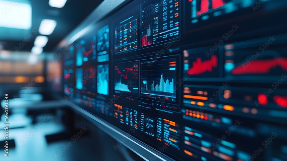 Poster futuristic data visualization screen with charts & graphs