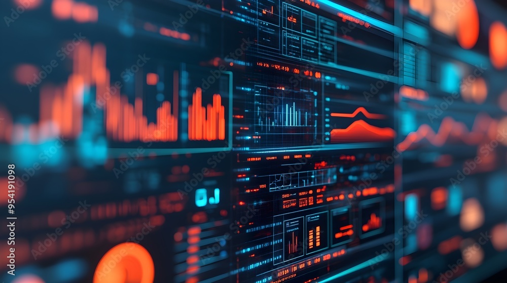 Poster futuristic data visualization with red and blue graphs