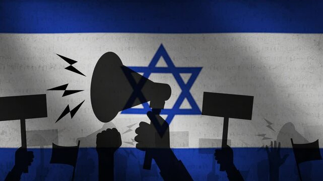 Protest in Israel concept 4K Animation with Waving flag background. Israel and Palestine conflict backdrop with protesting animation