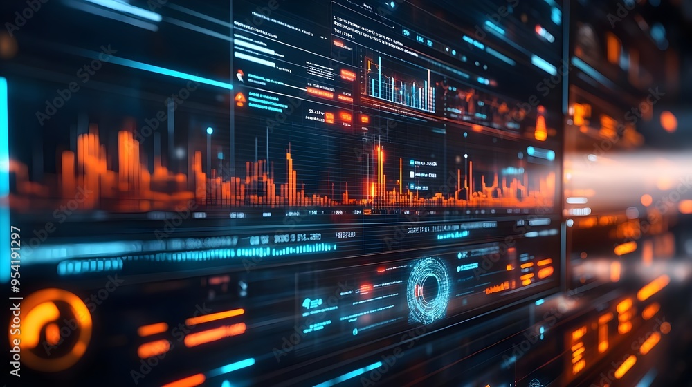 Poster futuristic digital interface with data analysis graphics