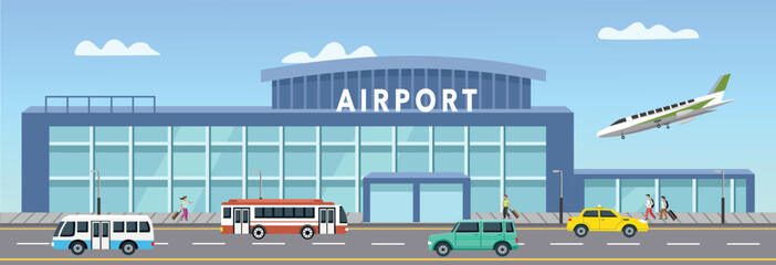 Naklejka premium Plane on airport illustration. Airplane landing vector art. Airport building. People go to airport. Public transportation. People waiting taxi. Car and bus in front of the airport.