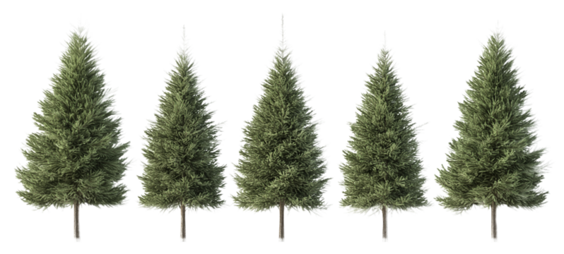 Tall, green pine trees lined up in a row against an isolated, transparent background, each with slightly varying shapes and densities of foliage