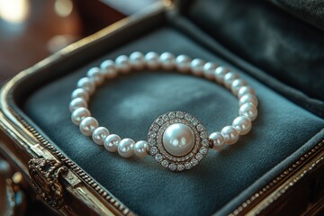 A pearl bracelet with a large pearl and diamond accents, in a velvet-lined jewelry box.