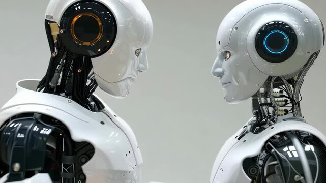 Two advanced humanoid robots interact in a high-tech laboratory setting during a research demonstration
