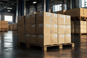 Cardboard boxes with production packaged on wooden pallet. 3d render