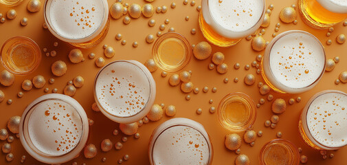 Many beer mugs with white foam and golden bubbles are lying on brown background