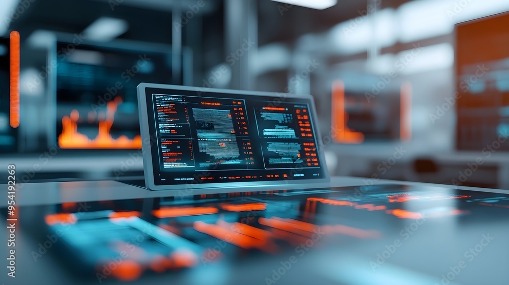 Poster futuristic laptop screen with code and data