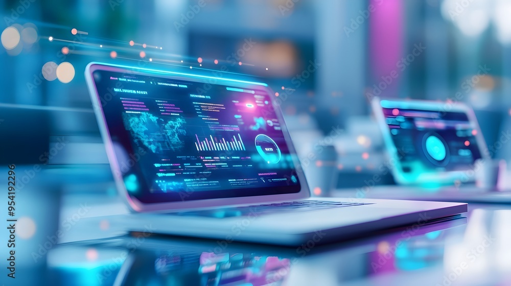 Poster futuristic laptop screen with data analytics and graphs