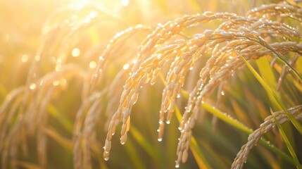 Close-up of mature ears of rice ready for harvest, with dew droplets glistening in the morning sun