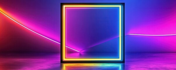 Fototapeta premium Matte black frame with a glowing neon grid inside, minimalist, futuristic style, vibrant colors, sharp edges