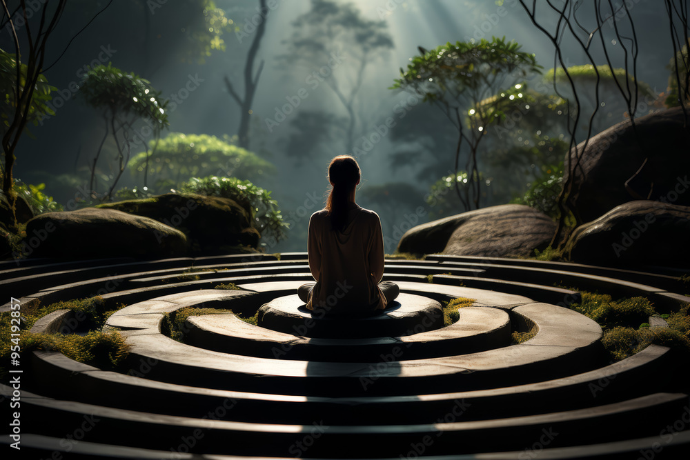 Poster a person practicing mindfulness in a zen garden, surrounded by tranquility. concept of zen practices