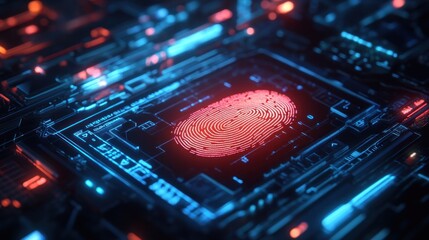 A computer chip with a red fingerprint on it. The fingerprint is surrounded by blue and red lights