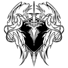 Black and white new tribal illustration of classic medieval shield ornament