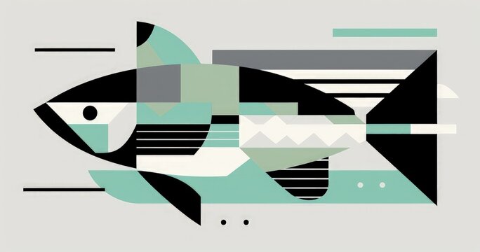 Abstract geometric representation of a fish in muted colors and shapes.