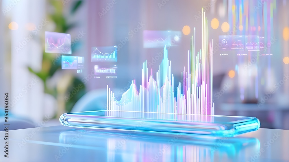 Poster futuristic smartphone displaying data & charts
