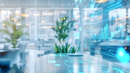 Futuristic Office Workspace with Holographic Data Display