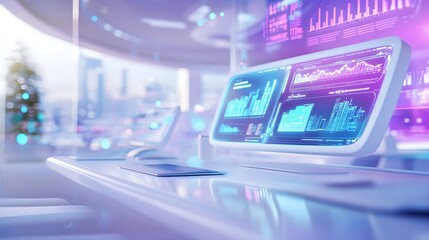 Obraz premium Futuristic Office Workstation with Data Visualizations