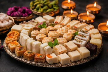 A beautifully arranged platter of assorted sweets and desserts, perfect for celebrations, festivals, or special occasions.