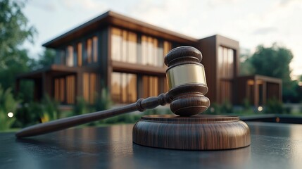 Wooden Gavel on Table with House Background - Wooden gavel placed on a table with a modern house and pool seen in the soft focus background.