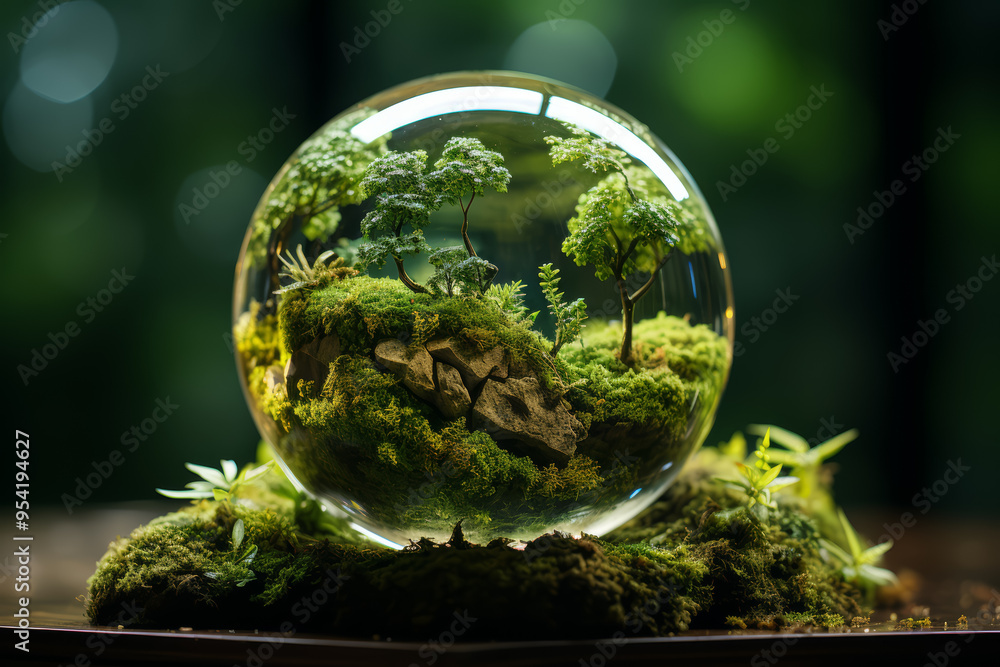 Poster a globe covered in green moss and algae. concept of natural reclamation. generative ai.