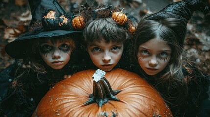 Three young girls are posing for a picture with a pumpkin.