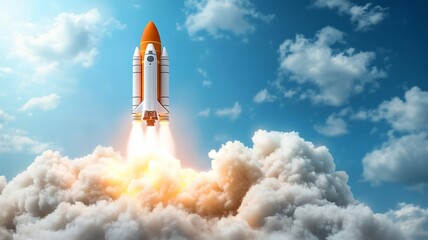 Fototapeta premium A magnificent rocket launching into the blue sky, surrounded by fluffy clouds, showcasing human innovation and adventure.