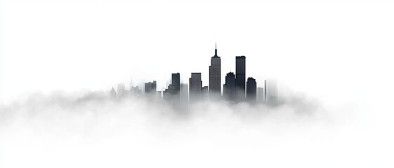 A mysterious city skyline emerges from a layer of fog, creating an ethereal atmosphere and a sense of intrigue.