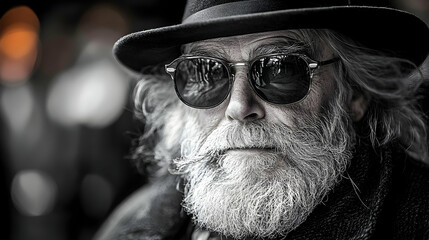 Close-up portrait of a serious-looking man with a long white beard, wearing sunglasses and a hat.